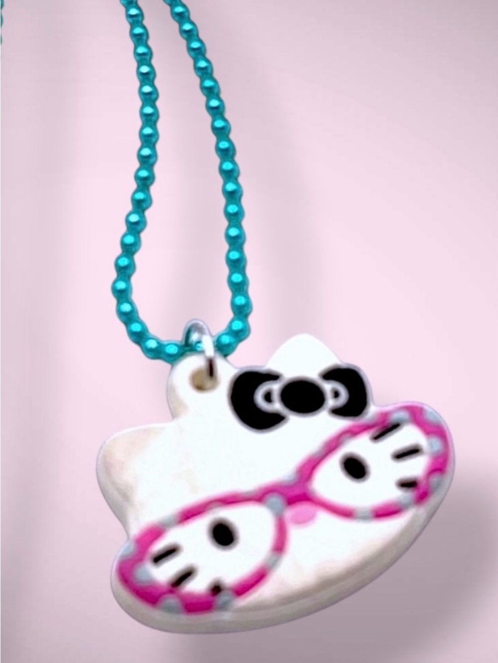Cute Sanrio Nerd Hello Kitty With Glasses Pendant on Turquoise Bead Necklace